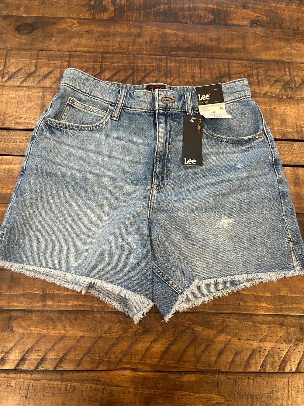 Lee Women's High-Waisted Medium Blue Distressed Denim Cutoff Shorts